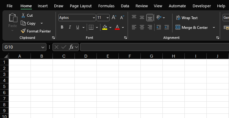 An Excel spreadsheet with the light mode in the black theme activated.