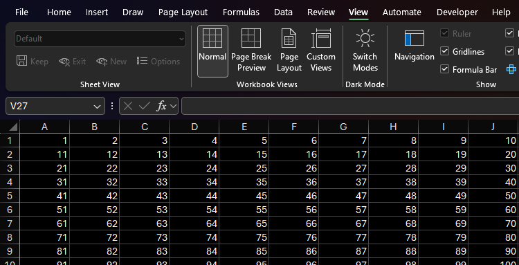 An Excel worksheet in dark mode.