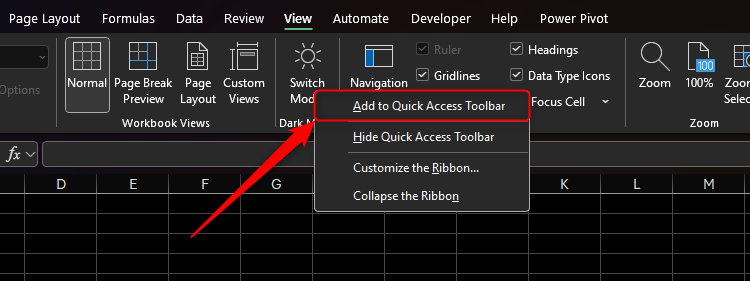 The Add To Quick Access Toolbar option on the Switch Modes tool in Excel is selected.