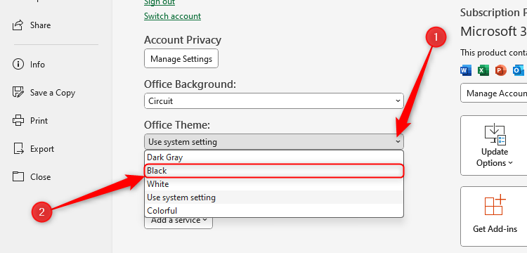 The black Office theme is selected in Excel's Account settings.