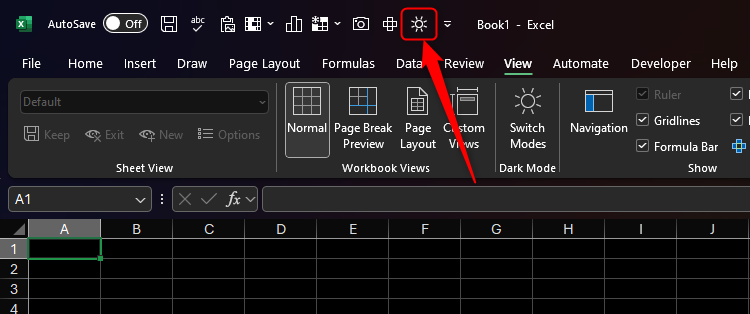 The light mode icon on the Excel Quick Access Toolbar.