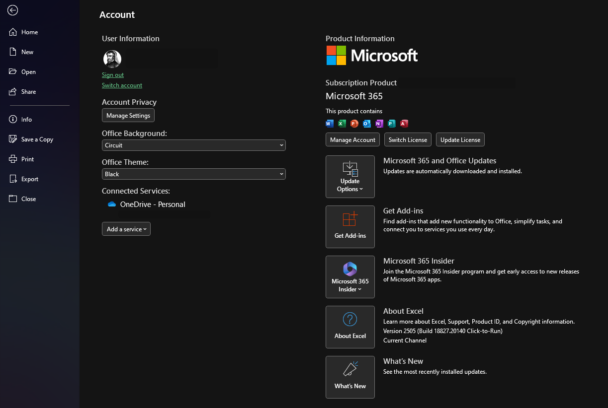 The Microsoft Excel account page with the black theme selected.