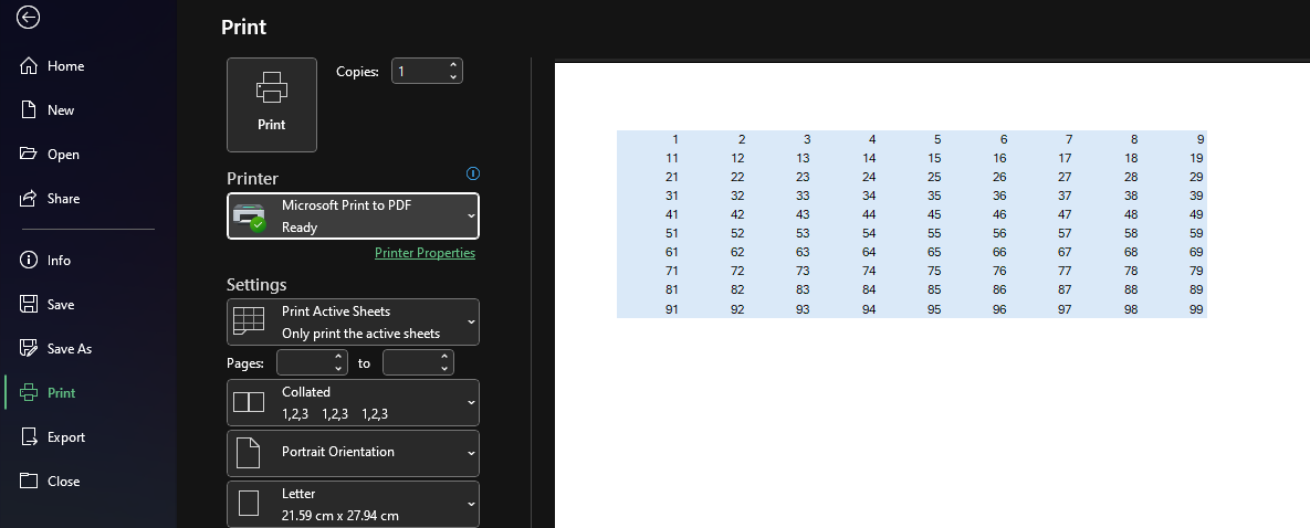 The print preview in Excel reveals how the default colors appear on a page, contrary to the display in dark mode.
