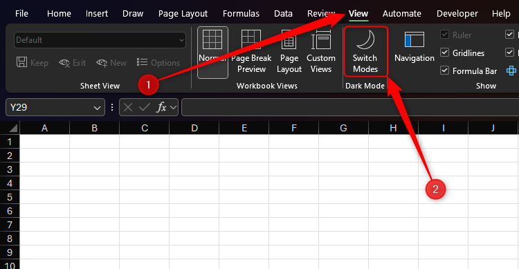 The Switch Modes icon in Microsoft Excel's View tab on the ribbon is selected.
