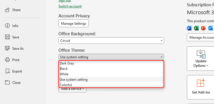The various Office theme options in Excel's account settings.